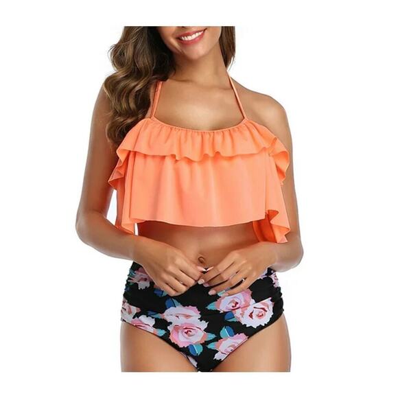 Ruffled‎ Tiered Peach Halter Swim Top Swimwear MEDIUM Cottage Pastels Poolcore - Picture 1 of 8